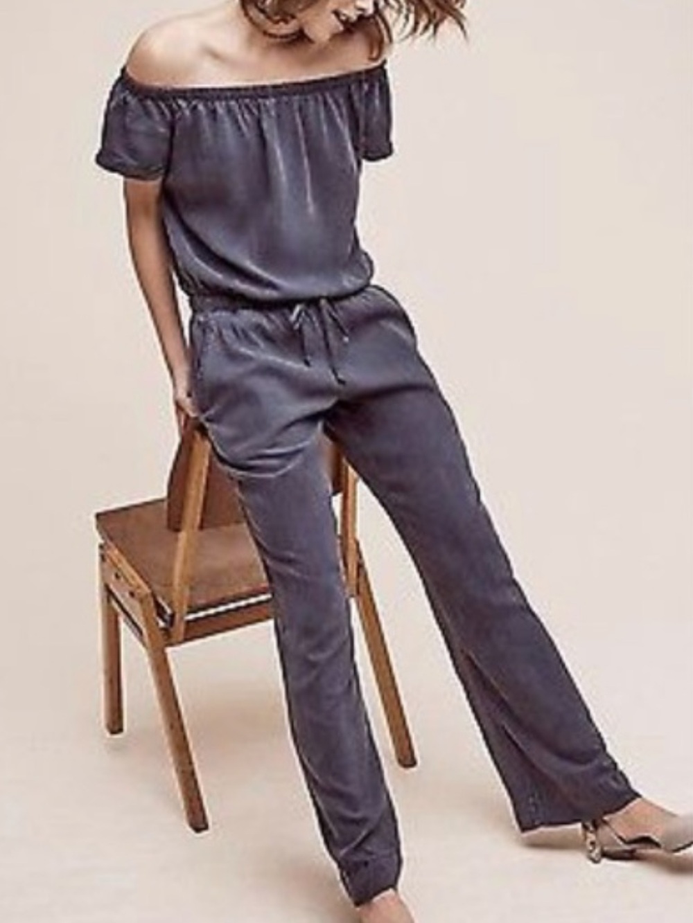 cloth & stone Off-Shoulder Wide Leg Navy Jumpsuit